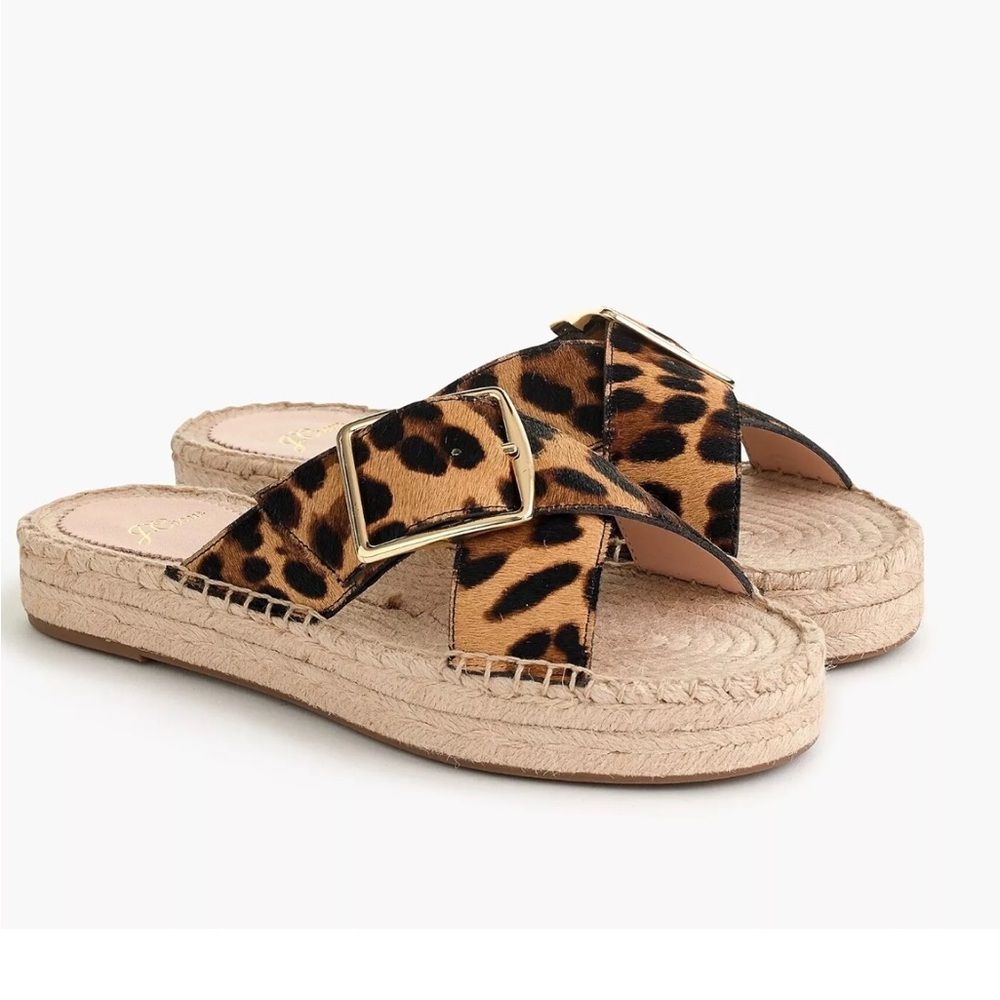 J. Crew Cross Strap Leopard Pattern Slide Espadrilles in Calf Hair 8.5 NWT